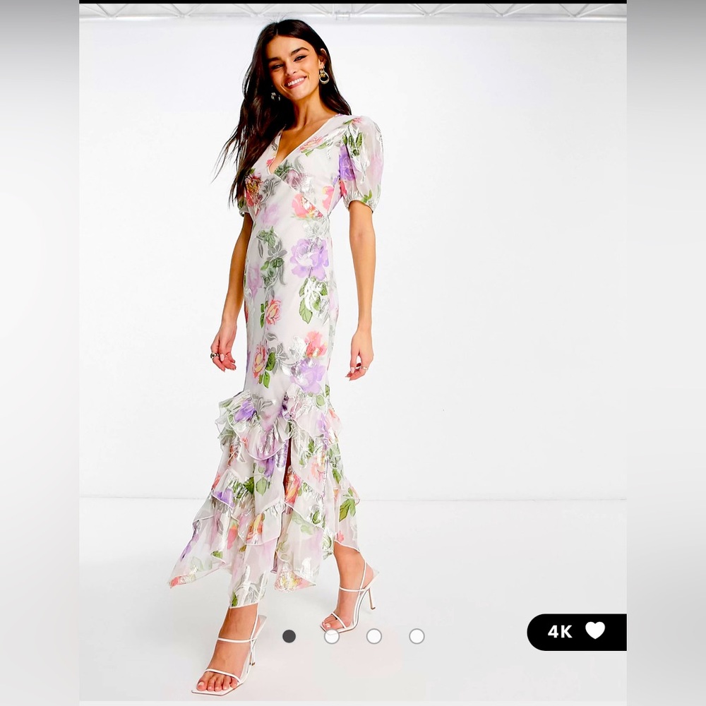 ASOS DESIGN ruffle frill hem maxi dress in rose print